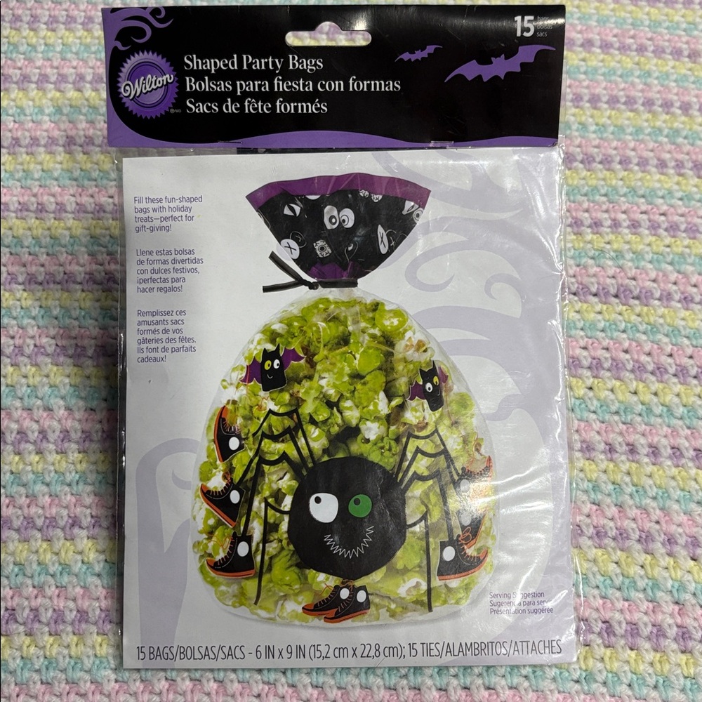 NWT Wilton Halloween Spider Shaped Party Bags - Black Orange Purple - 15 Bags !